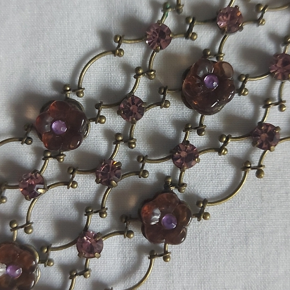 Vintage Purple Stone Flower and Rhinestone Filigree Chain Bracelet - Picture 3 of 7